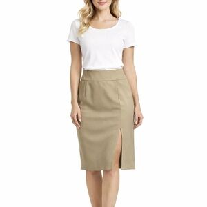 Michael Kors Collection Khaki Beige Luxury Designer Chic Midi Skirt Classic 14